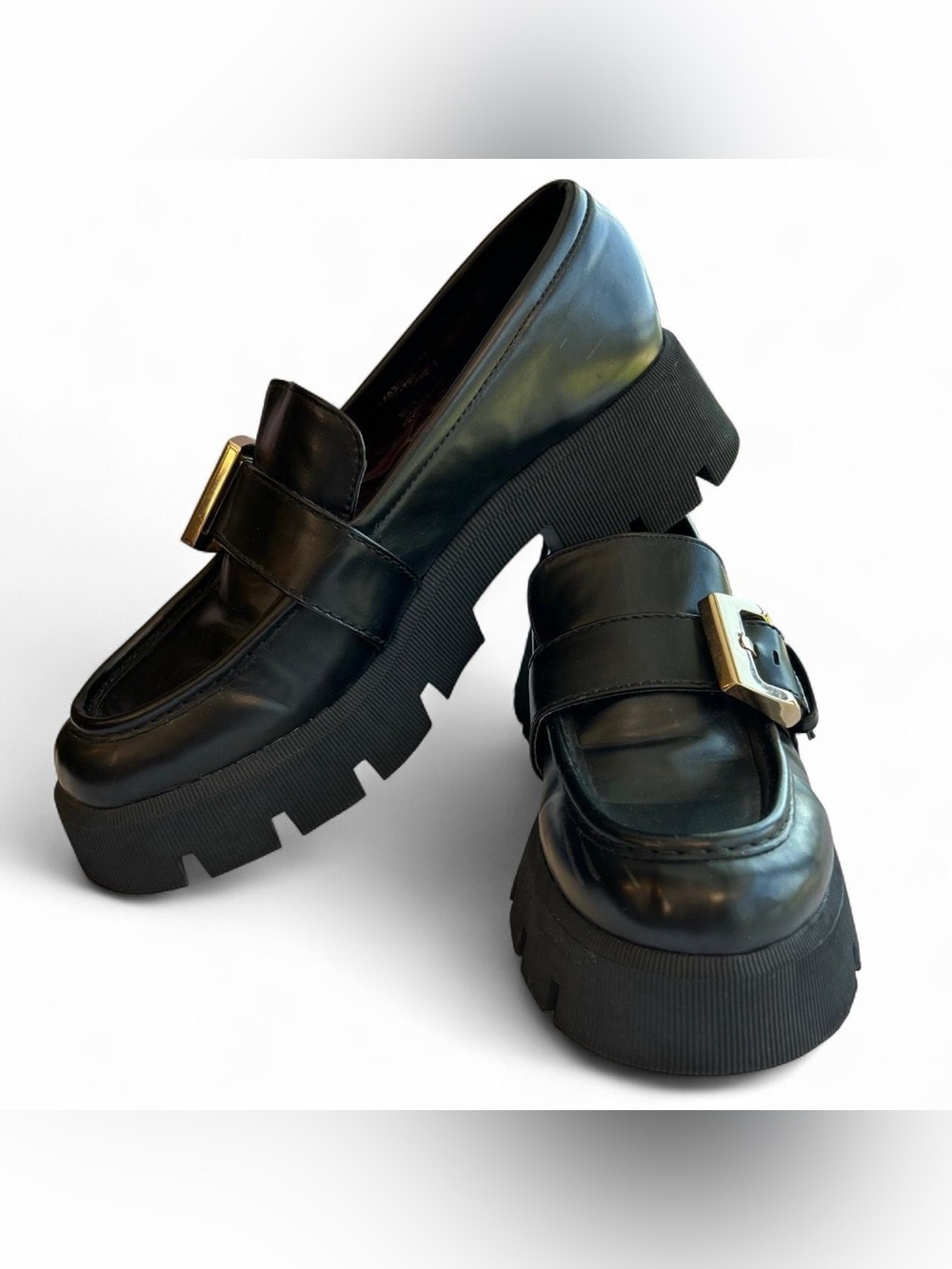 Zara Black Leather Platform Loafers with Gold‎ Buckle Size 8/8.5